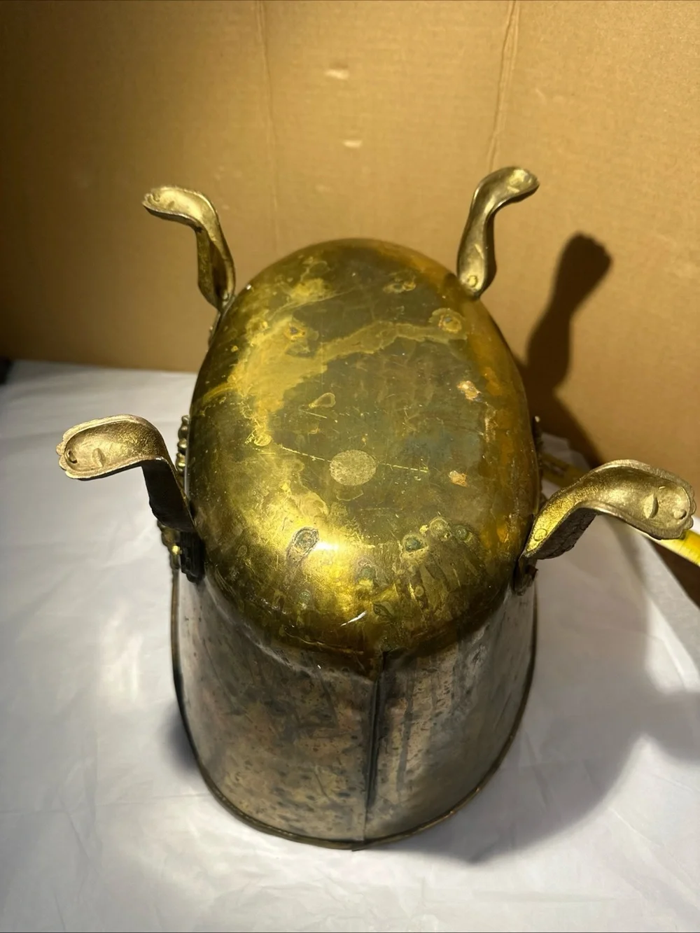 Solid copper and brass coal handle lions head footed made in Ireland 12”x13”x9”